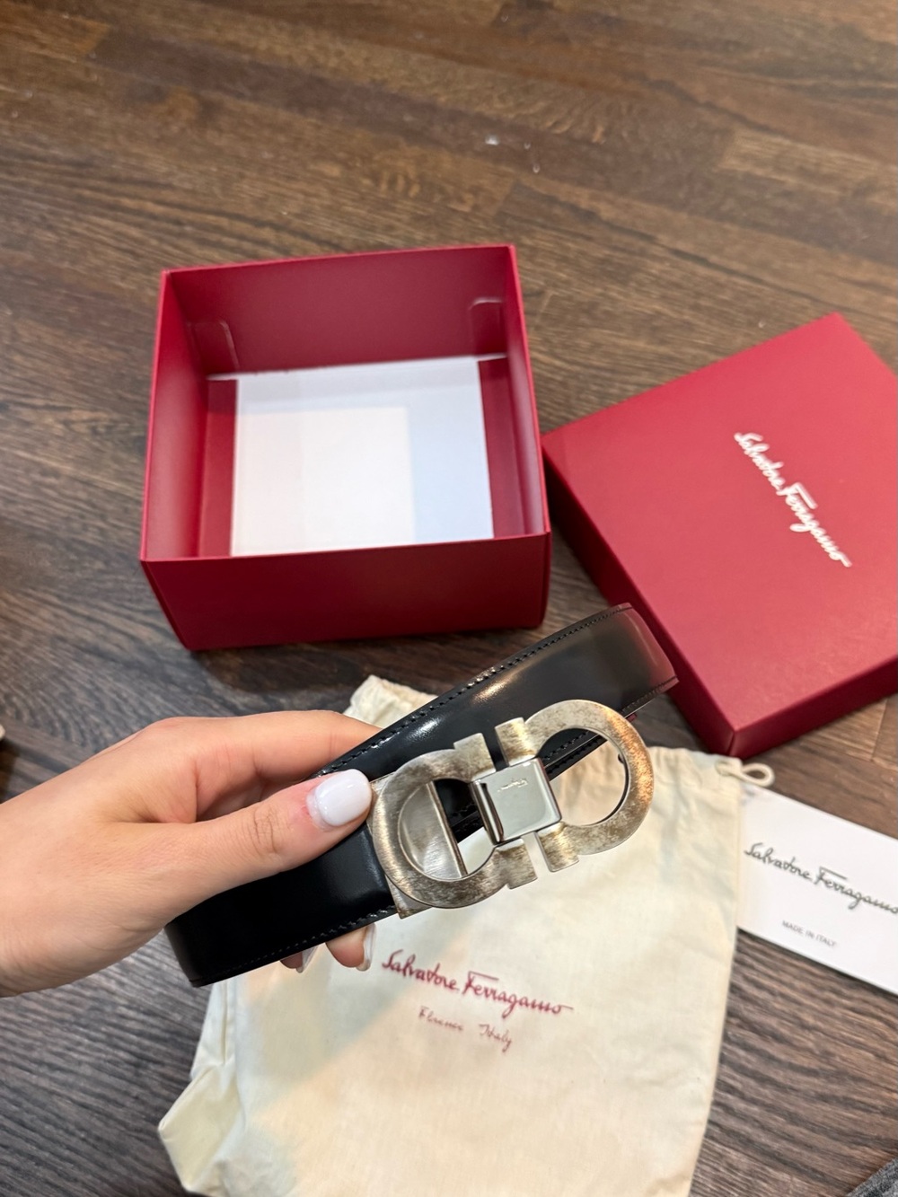 Salvatore Ferragamo Black/brown Leather Belt with Silver Double Gancini Buckle